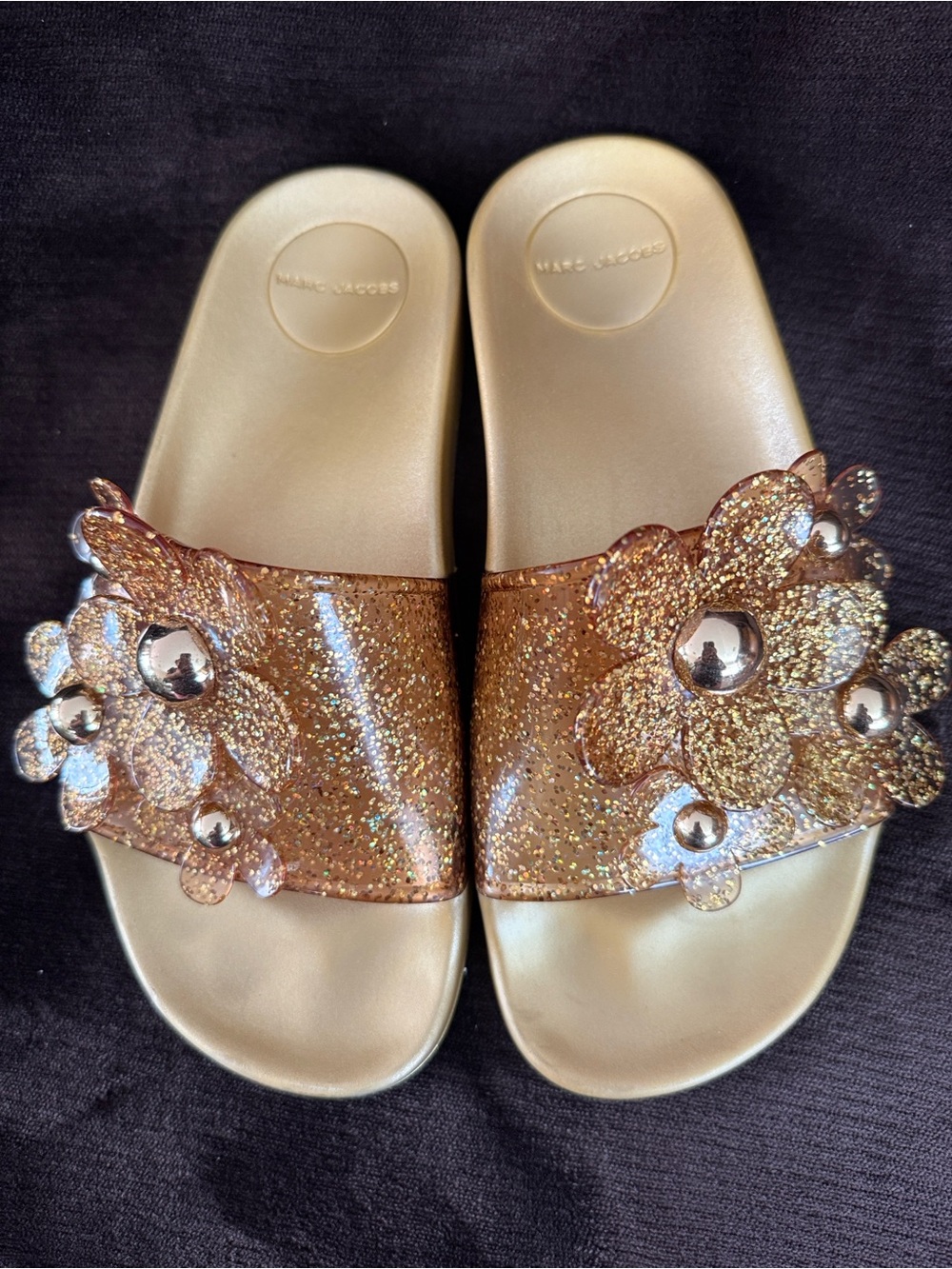 Marc Jacobs Gold Glitter Flower Slide Sandals